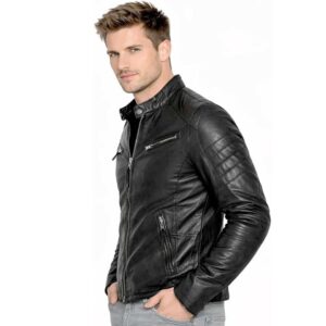 Mens Cafe Real Slim Fit Leather Coat Black 1
