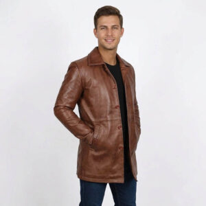Mens Classic Brown Real Leather Trench Coat Uk