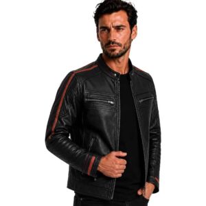 Mens Genuine Black Racer Retro Slim Fit Style Motorcycle Biker Real Leather Jacket 1
