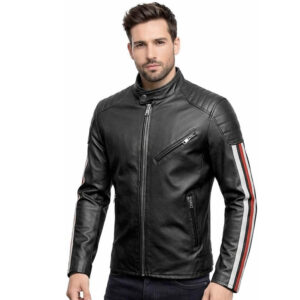 Men's Racing Stripe Leather Biker Jacket