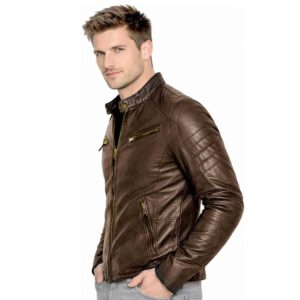 Mens Genuine Sheepskin Jacket Vintage Cafe Racer Real Motorcycle Slim Fit Leather Coat 1