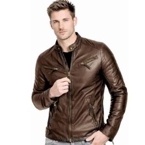Mens Genuine Sheepskin Leather Black Brown Biker Jacket Vintage Cafe Racer Real Motorcycle Slim Fit Leather Coat 1
