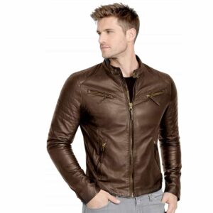 Mens Genuine Sheepskin Leather Brown Jacket Vintage Cafe Racer Real Motorcycle Slim Fit Leather Coat 1