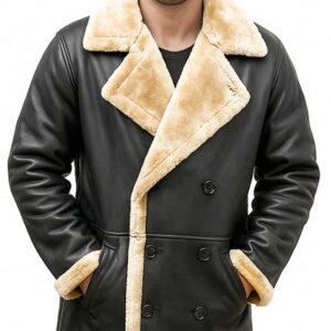 Mens Long Winter Warm Faux Fur Shearling Stylish Leather Trench Coat Jacket 1