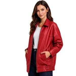 Women's Oversized Bomber Fashion Jacket Oversized Leather Bomber Jacket Women RED