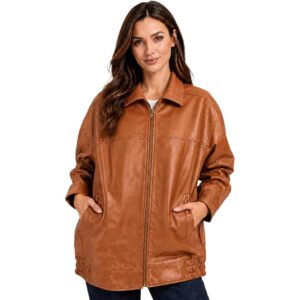 Oversized Leather Bomber Jacket Women tan briwn
