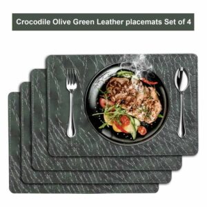 Table Mats Set of Faux Leather Crcodile Texture Olive Green 1