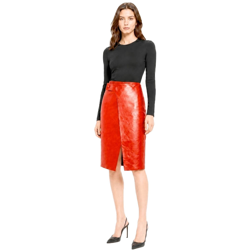 Women Real Leather Wrap Front Midi Skirt Women Real Leather Wrap Front Midi Skirt - Image 9