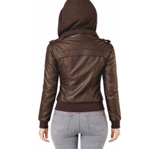 Women Black Brown Leather with Removable Hood New