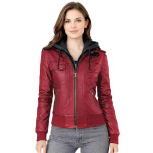 Women Black Brown Motorcycle Leather Jacket Removable Hood New
