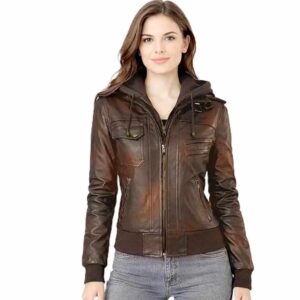 Women Black Brown Motorcycle Leather Jacket with Removable Hood