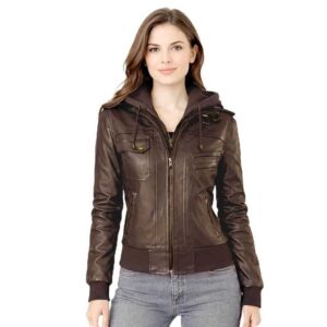 Women Black Brown Motorcycle Leather Jacket with Removable Hood New (1)