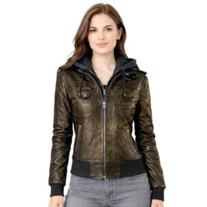 Women Black Brown Motorcycle Leather Jacket with Removable Hood New 2
