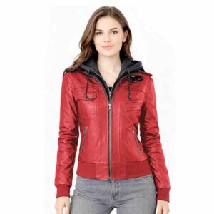 Women Black Brown Motorcycle Leather Jacket with Removable Hood New (3)
