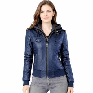 Women Black Brown Motorcycle Leather Jacket with Removable Hood New