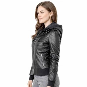 Women Brown Motorcycle Leather Jacket with Removable Hood New Black (1)