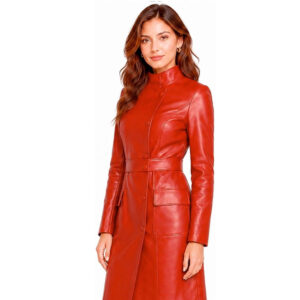 Women's Mid-Length Leather Trench Coat Womens Black Real Leather Coat Ladies Slim Fit Long Sleeve Knee Length Jacket Winter Outerwear 1