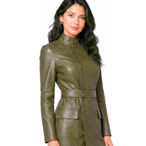 Women's Mid-Length Leather Trench Coat Womens Black Real Leather Coat Ladies Slim Fit Long Sleeve Knee Length Jacket Winter Outerwear