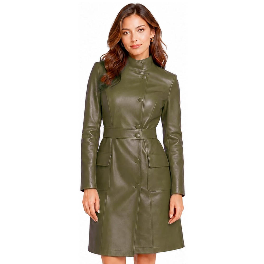 Women's Mid-Length Leather Trench Coat Women’s Black Real Leather Trench Coat Ladies Slim Fit Long Sleeve Knee-Length Jacket Winter Outerwear
