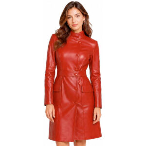 Women's Mid-Length Leather Trench Coat Womens Black Real Leather Trench Coat Ladies Slim Fit Long Sleeve Knee Length Jacket Winter Outerwear 2