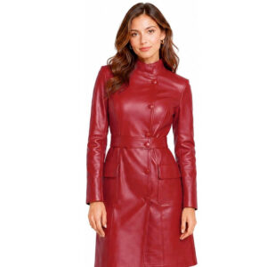 Women's Mid-Length Leather Trench Coat Womens Black Real Leather Trench Coat Ladies Slim Fit Long Sleeve Knee Length Jacket Winter Outerwear