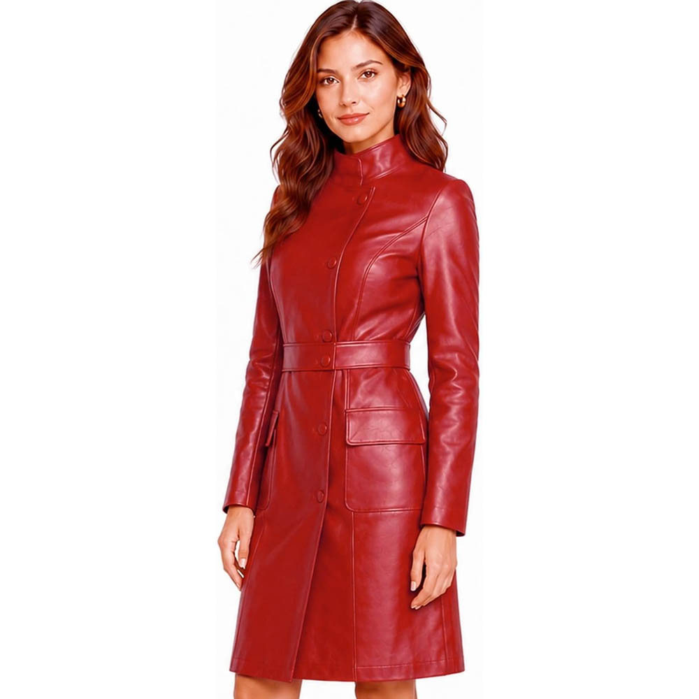 Women's Mid-Length Leather Trench Coat Women's Mid-Length Leather Trench Coat - Image 15