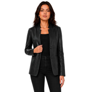 Women's Mandarin Collar Leather Blazer
