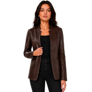 Women's Mandarin Collar Leather Blazer