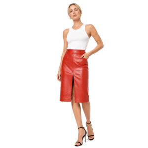 Women's Chic Waisted Leather Midi Skirt