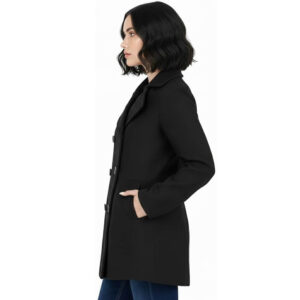 Womens Double Breasted Black Wool Short Length Trench Coat Ladies Winter Warm Woolen Overcoat