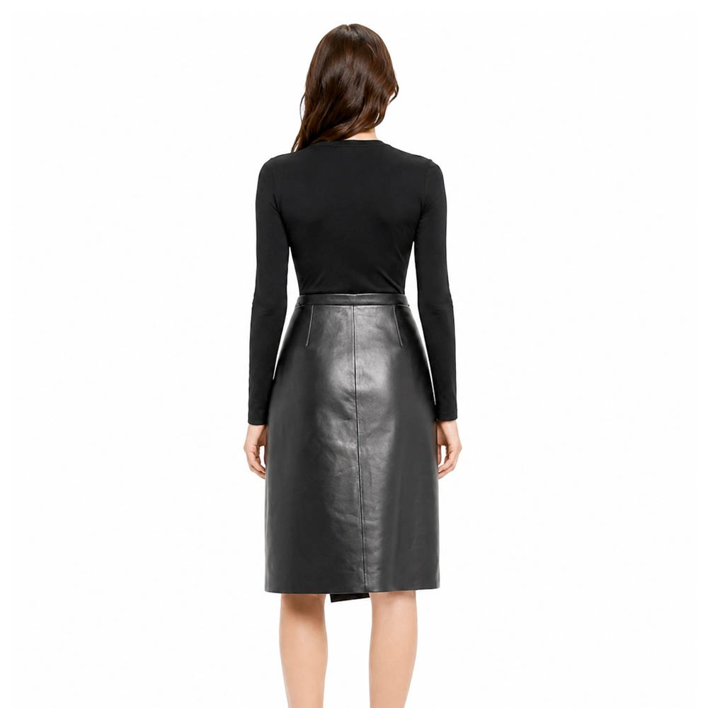 Women Real Leather Wrap Front Midi Skirt Women Real Leather Wrap Front Midi Skirt - Image 6