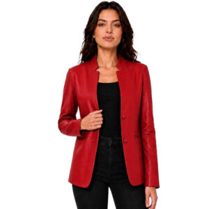 Womens Mandarin Collar Leather Blazer