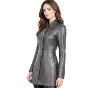 Womens Mid Length Leather Coat 1