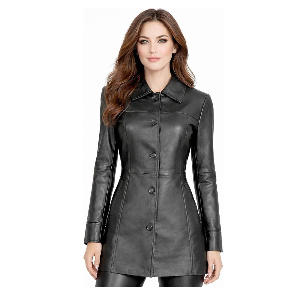 Women's Mid-Length Leather Trench Coat Women's Mid-Length Leather Trench Coat - Image 4