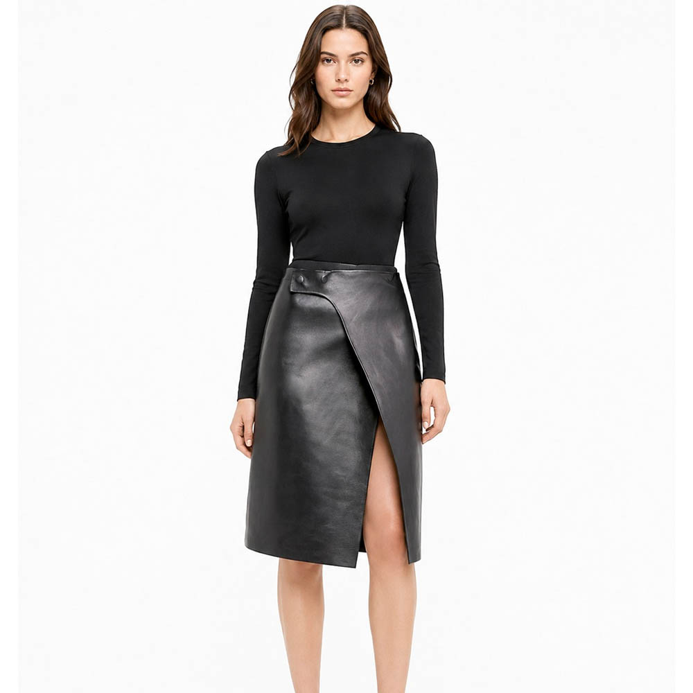 Women Real Leather Wrap Front Midi Skirt Women Real Leather Wrap Front Midi Skirt - Image 5
