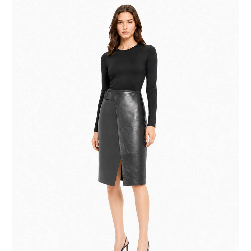 Women Real Leather Wrap Front Midi Skirt Women Real Leather Wrap Front Midi Skirt