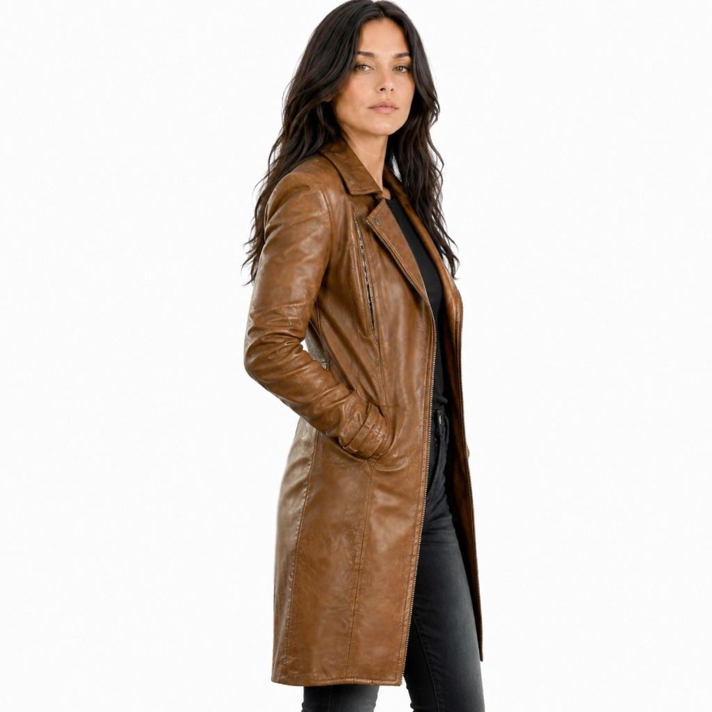 Women's Brown Wax Leather Coat - Longline Trench Style brown wax leather coat