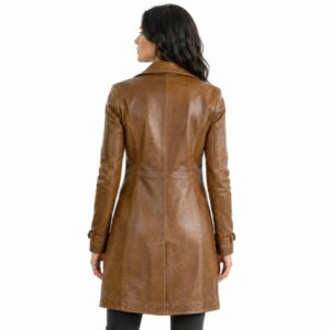 Women's Brown Wax Leather Coat - Longline Trench Style brown wax leather coat