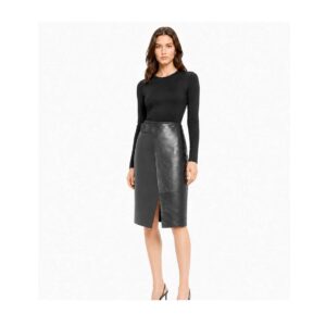 Women Real Leather Wrap Front Midi Skirt