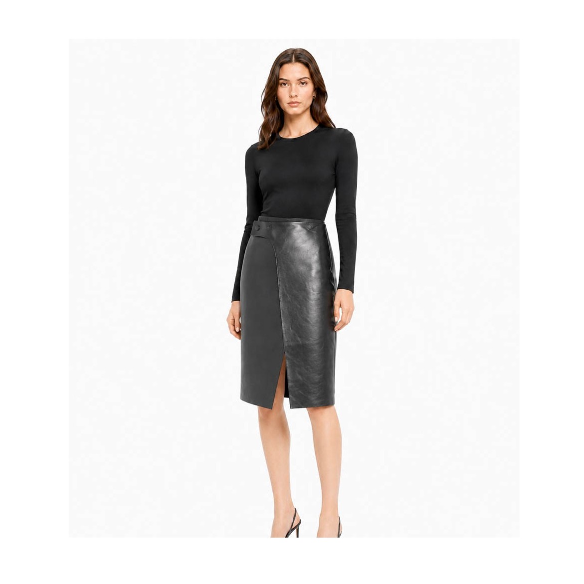 Women Real Leather Wrap Front Midi Skirt Women Real Leather Wrap Front Midi Skirt