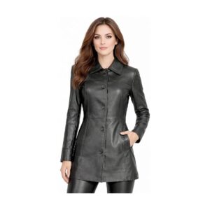 Womens Genuine Leather Button Front Coat
