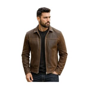 Mens Cafe Racer Zipper Leather Jacket