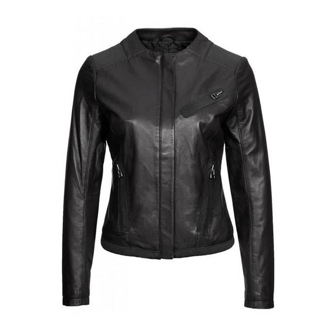Women's Black Retro Leather Collarless Jacket Women's Black Retro Leather Collarless Jacket