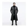 Men's Black Leather Trench Coat - Full-Length with Buckle Straps