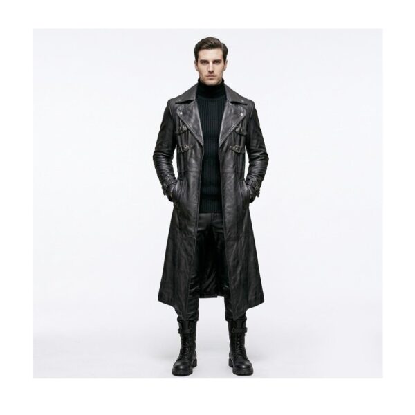 Men's Black Leather Trench Coat – Full-Length with Buckle Straps