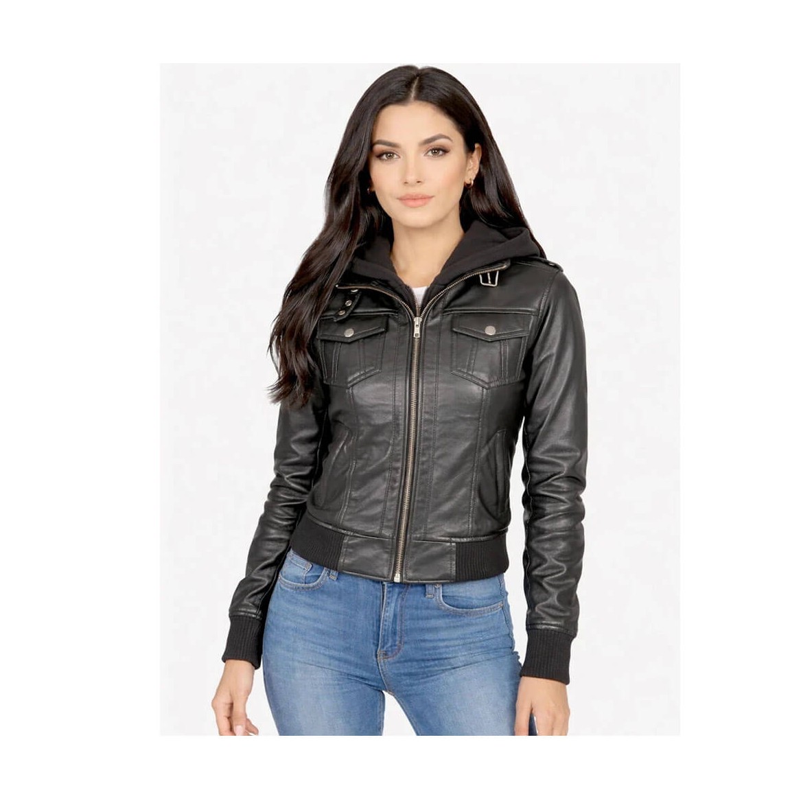 Women's hooded leather jacket styled for spring layering