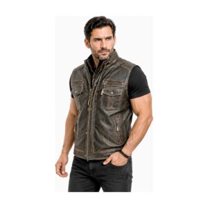 Mens Distress Brown Leather Vest side view