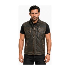 Mens Distress Brown Leather Vest close up