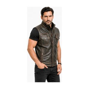 Mens Distress Brown Leather Vest back view