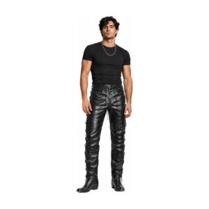 Mens Lace Up Black Leather Pant front view